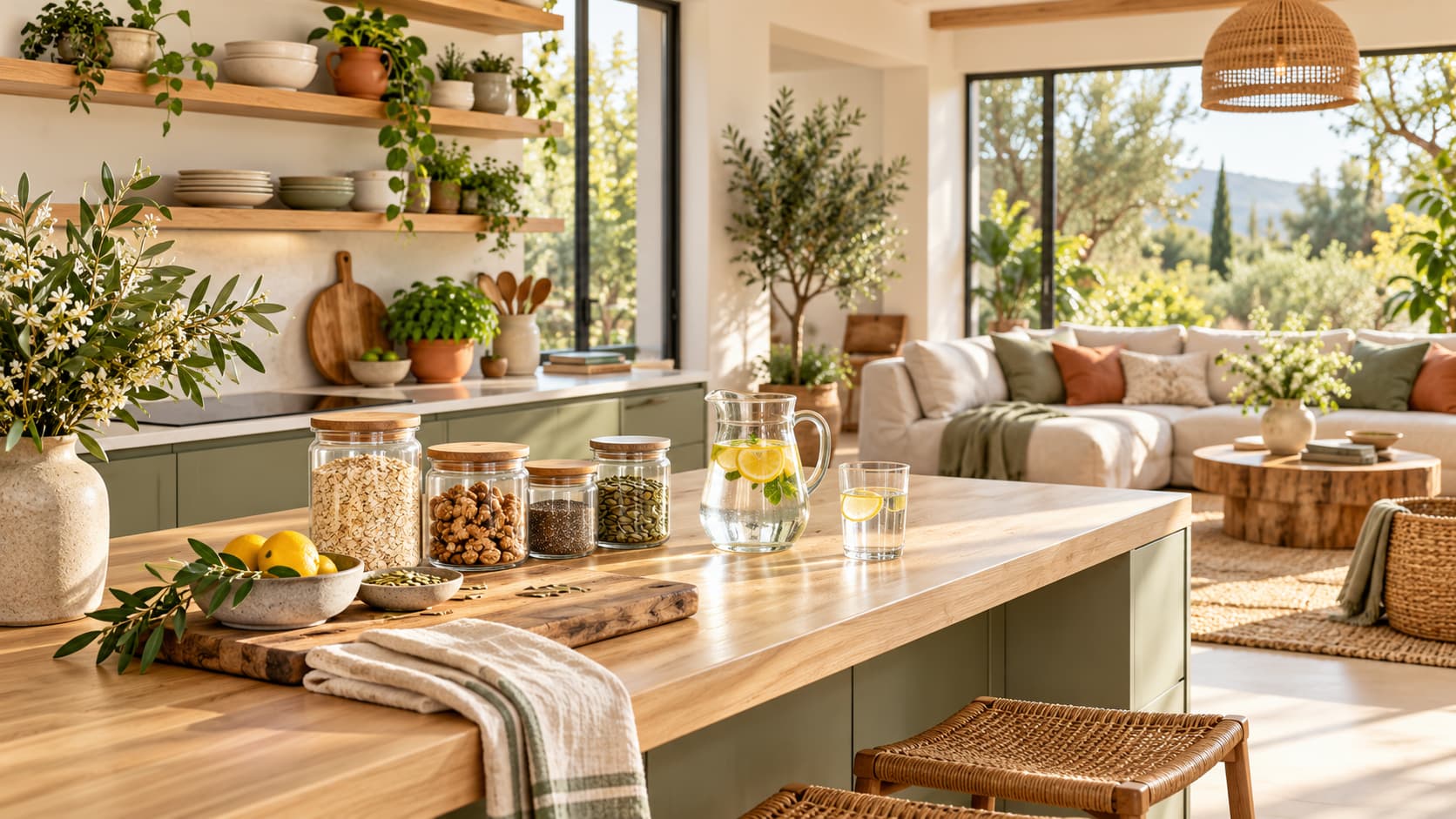Bright, uncluttered living room and kitchen with natural wood, linen, plants, and glass storage jars.